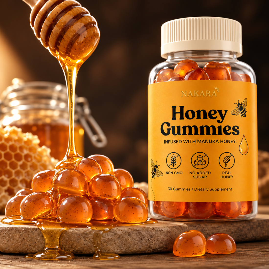NAKARA HONEY GUMMIES · REAL VITALITY YOU CAN FEEL